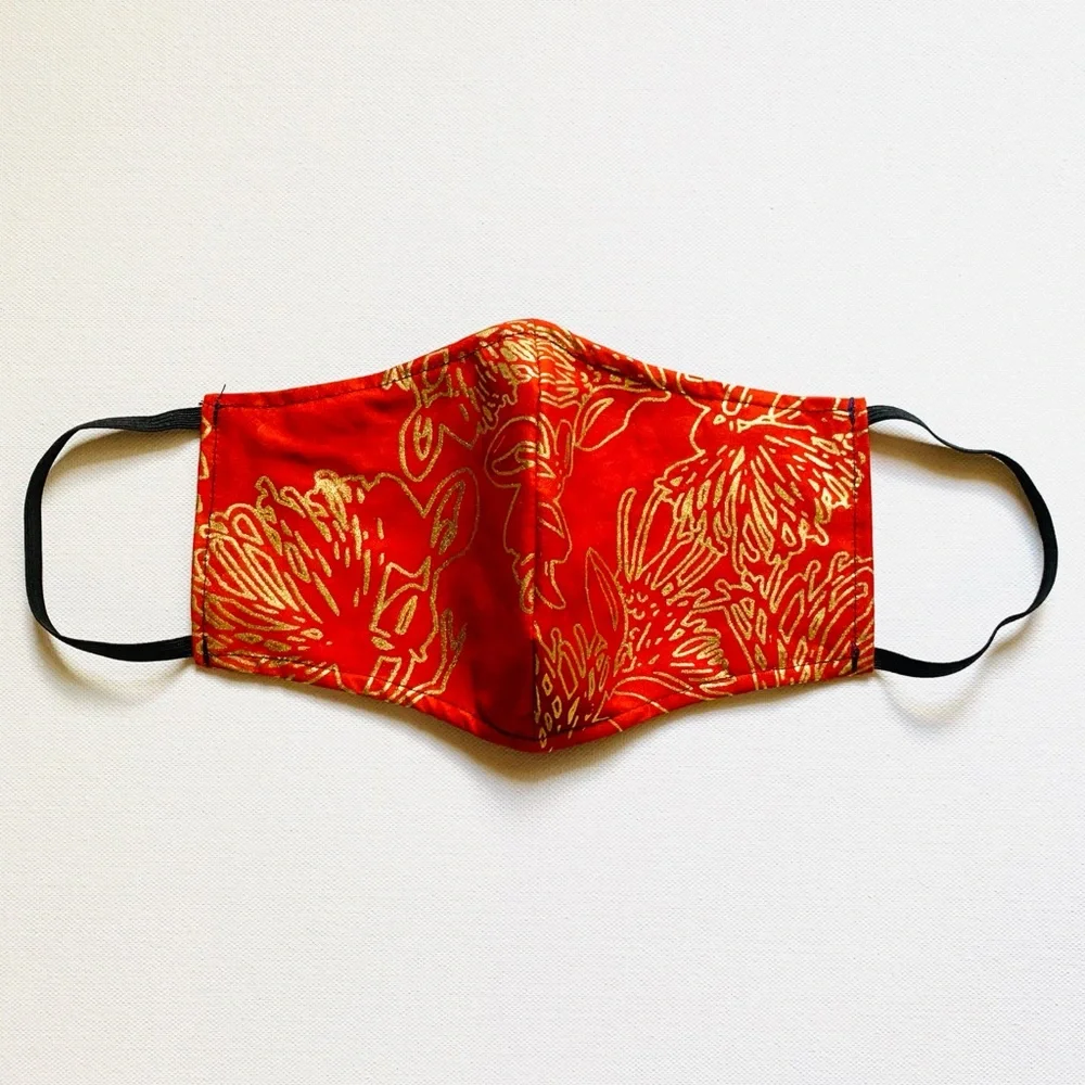 NEW Handmade Batik Golden Lehua Orange Print Face Mask